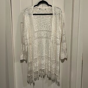 Cream Open-Front Crochet Cardigan Fringe Sweater